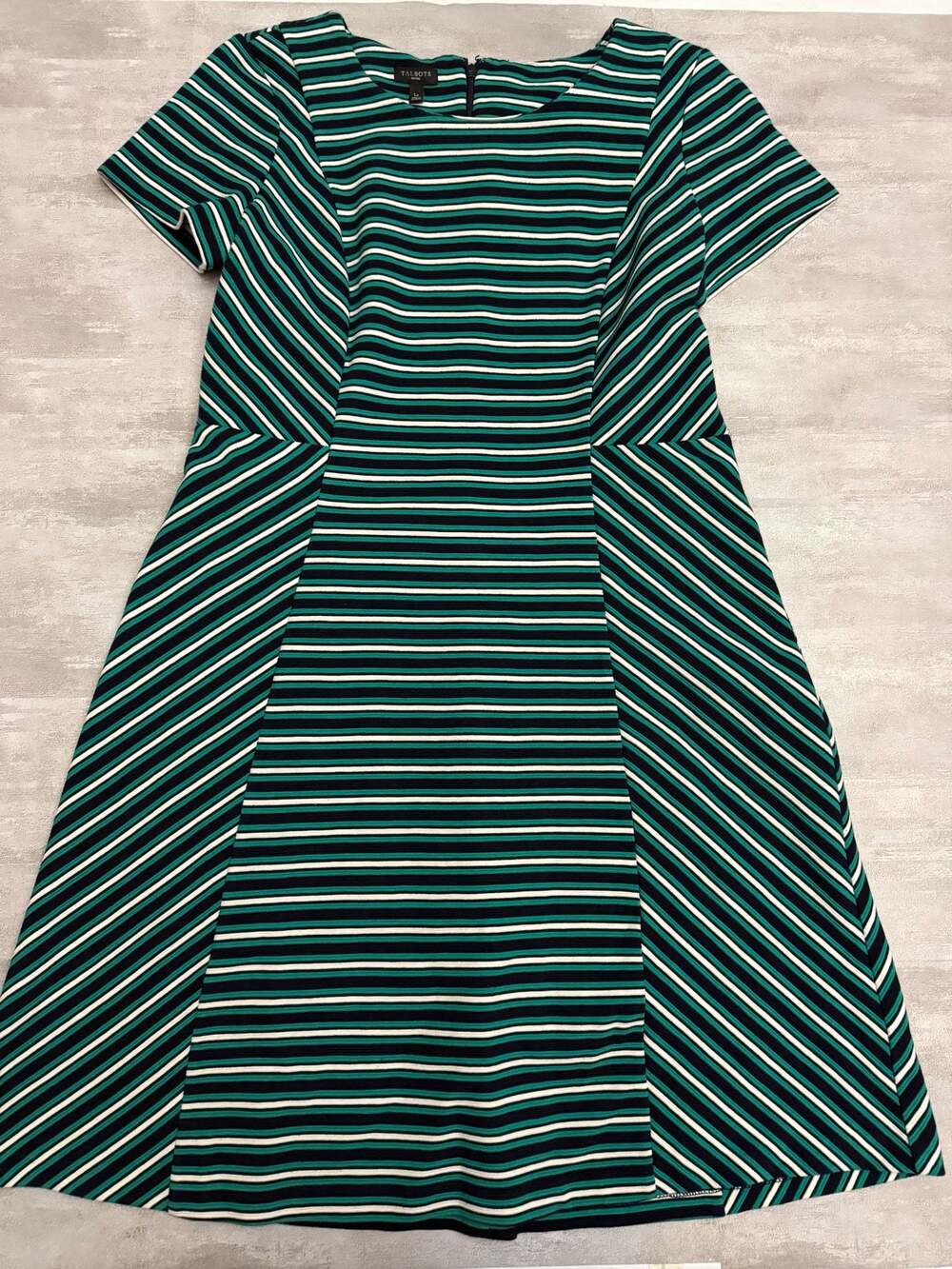 Talbots Petites Green & Navy Mixed Stripe Fit & Flare Ponte Dress Size L Petite